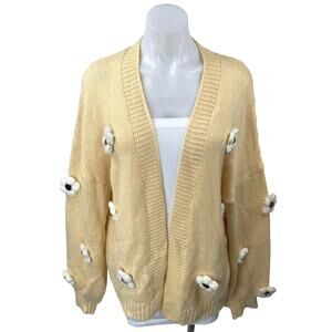 Fashion Yellow Beige Floral 3D Knit Oversized Open Cardigan Sweater Top Size M